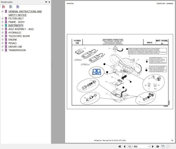 Manitou Telehandler MHT 10160 L EVOLUTION E3 Parts Catalog 648606