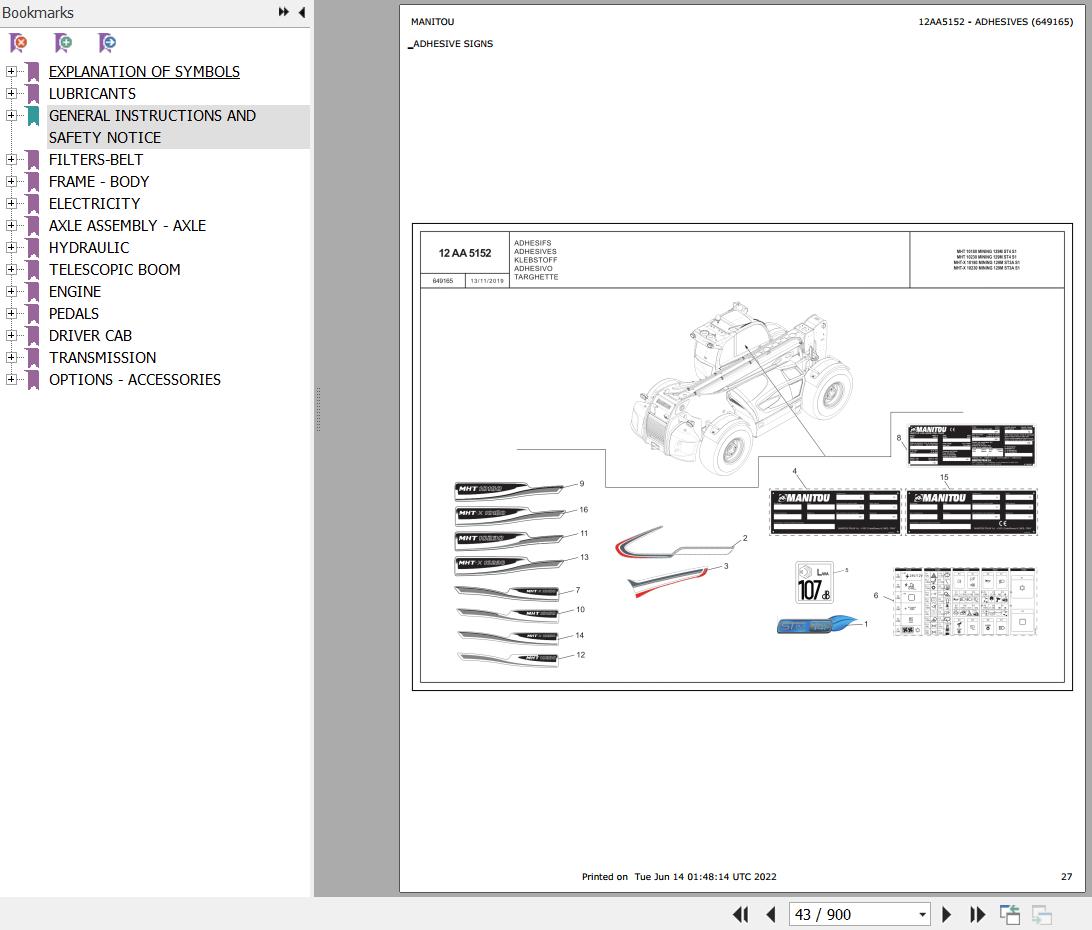 Manitou Telehandler MHT 10180 MINING 129M ST4 S1 Parts Catalog 649165