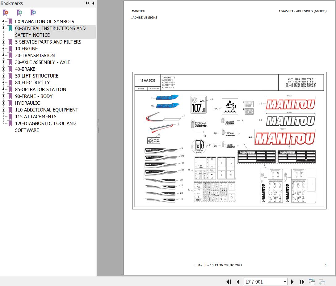 Manitou Telehandler MHT 10180 to MHT X 10230 129M ST3A S1 Parts Catalog 648895