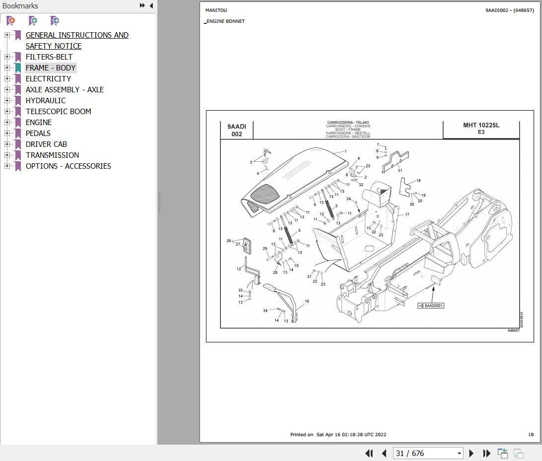Manitou Telehandler MHT 10225 L EVOLUTION E3 Parts Catalog 648657