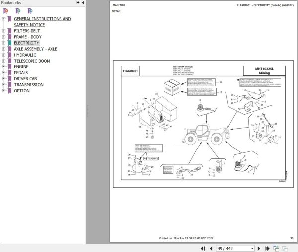 Manitou Telehandler MHT 10225L MINING Parts Catalog 648832