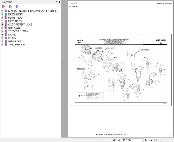 Manitou Telehandler MHT 1072 L Parts Catalog 648567