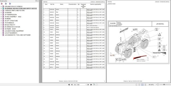 Manitou Telehandler MHT 11250 210Y ST5 S1 Parts Catalog 649316