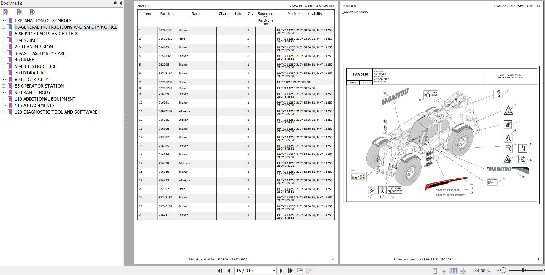 Manitou Telehandler MHT 11250 210Y ST5 S1 Parts Catalog 649316
