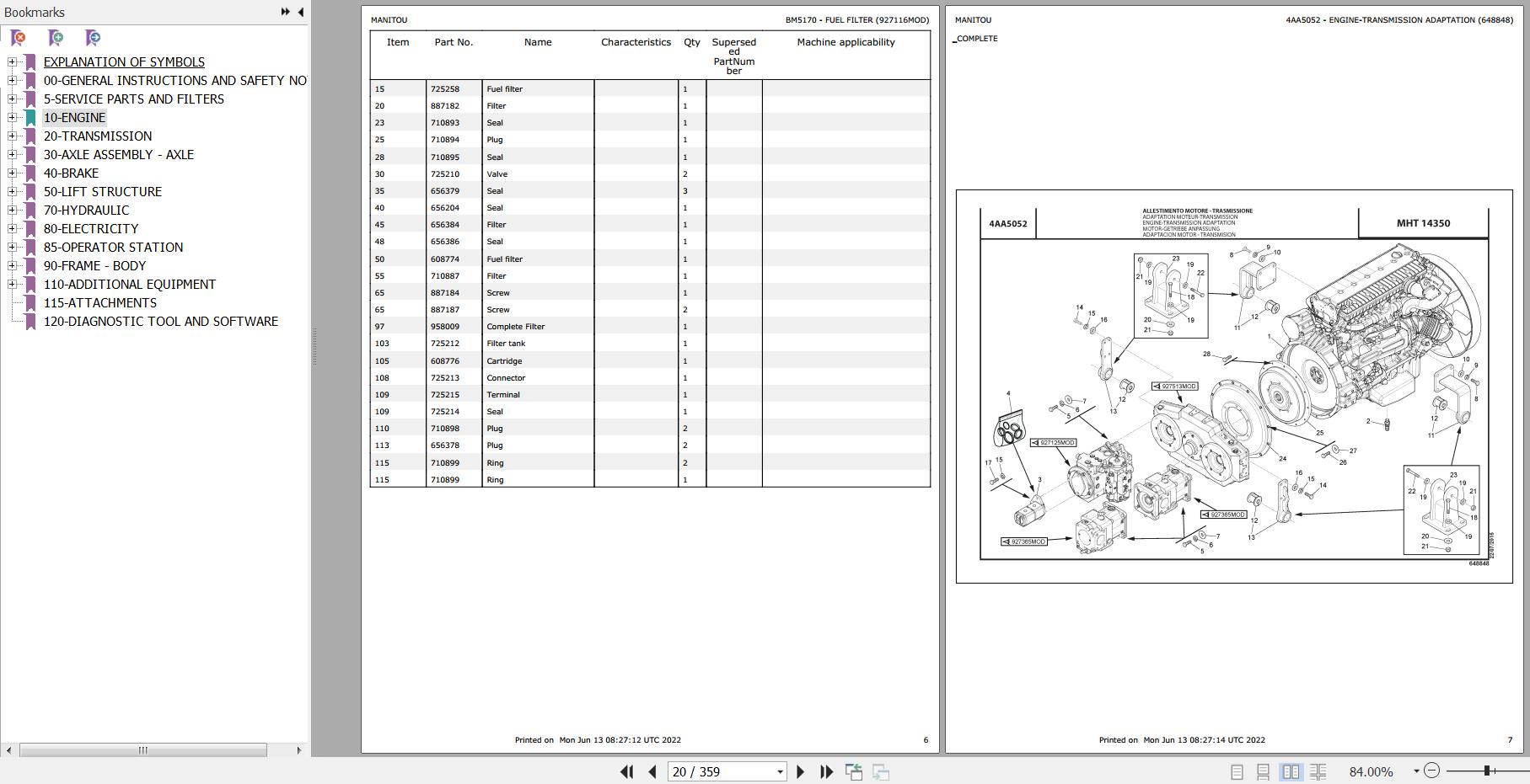 Manitou Telehandler MHT 14350 MHT X 14350 Parts Catalog 648848