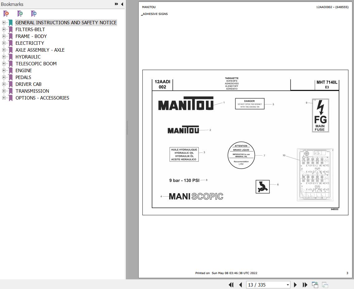 Manitou Telehandler MHT 7140 L E3 Parts Catalog 648555