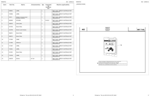 Manitou Telehandler MHT 7140 L Parts Catalog 648212 1