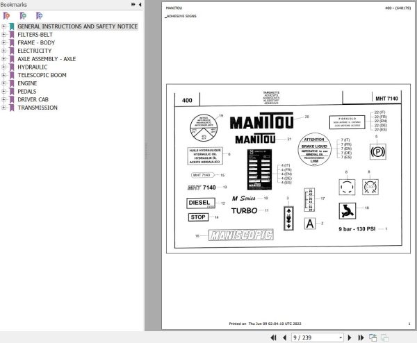 Manitou Telehandler MHT 7140 TURBO SERIE M MOT MERCEDES Parts Catalog 648179