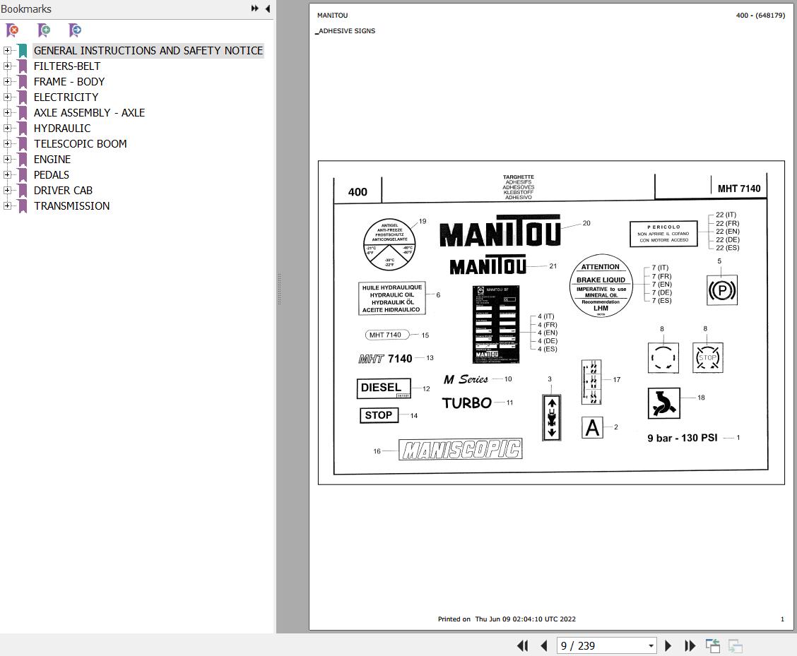 Manitou Telehandler MHT 7140 TURBO SERIE M MOT MERCEDES Parts Catalog 648179