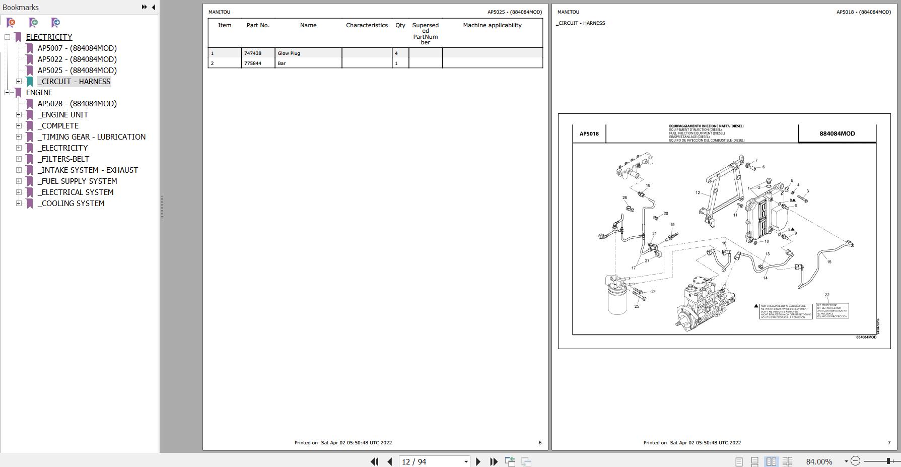 Manitou Telehandler MHT 780 MINING Parts Catalog 884084MOD