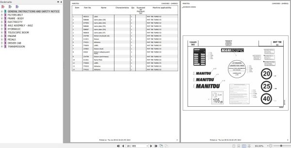 Manitou Telehandler MHT 780 TURBO E3 Parts Catalog 648563