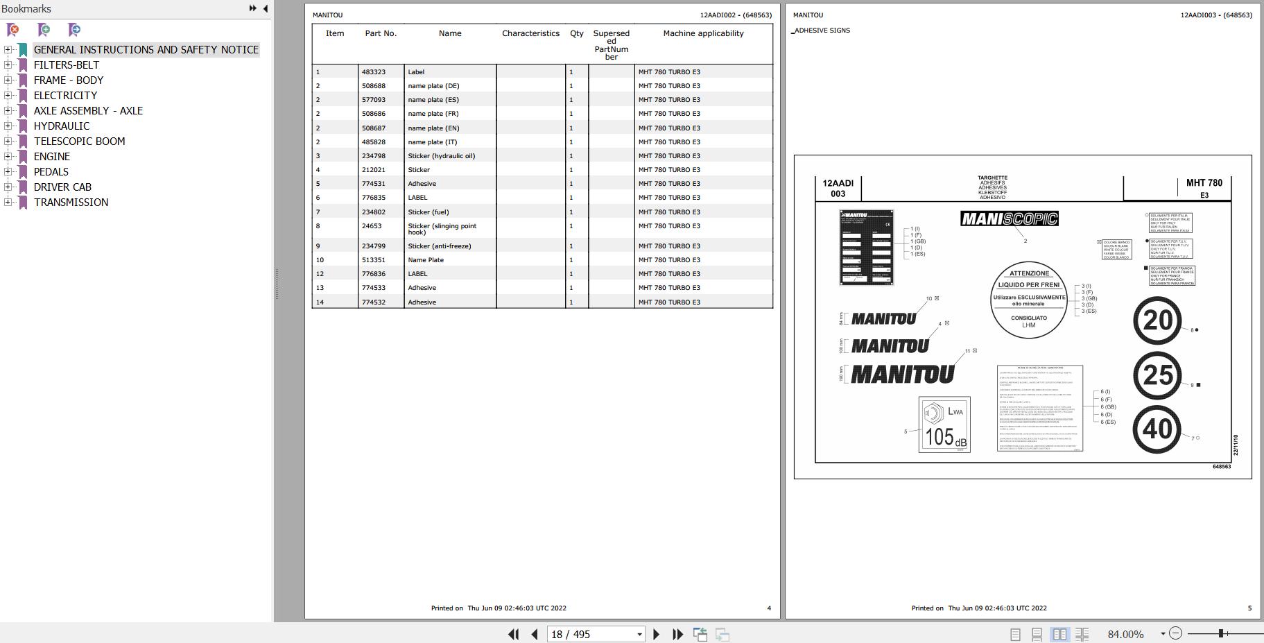 Manitou Telehandler MHT 780 TURBO E3 Parts Catalog 648563