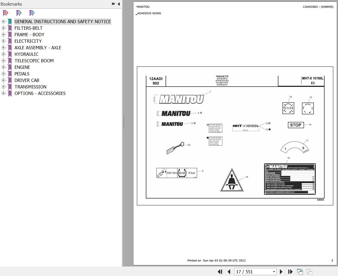 Manitou Telehandler MHTX 10180 L EVOLUTION E3 AUSTRALIA Parts Catalog