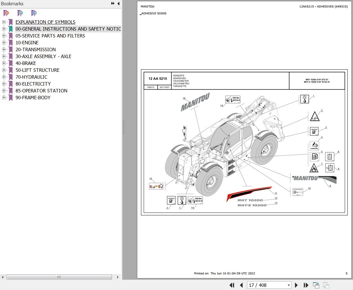 Manitou Telehandler MHT X 10200 210Y ST3A S1 Parts Catalog 649315