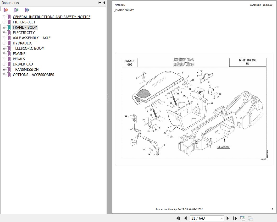 Manitou Telehandler MHT X 10225 L EVOLUTION E3 Parts Catalog 648657