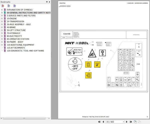 Manitou Telehandler MHT X 860 75P ST3A S2 Parts Catalog 649065