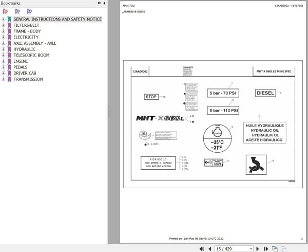 Manitou Telehandler MHT X 860 L E3 MINE SPEC Parts Catalog 648765
