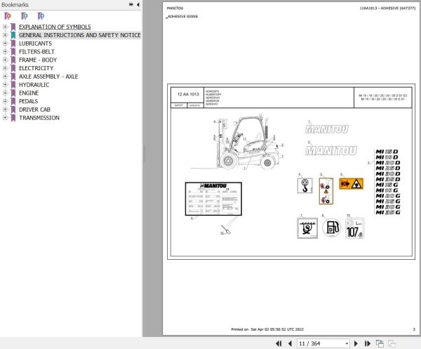 Manitou Telehandler MI 15 G Parts Catalog 647377