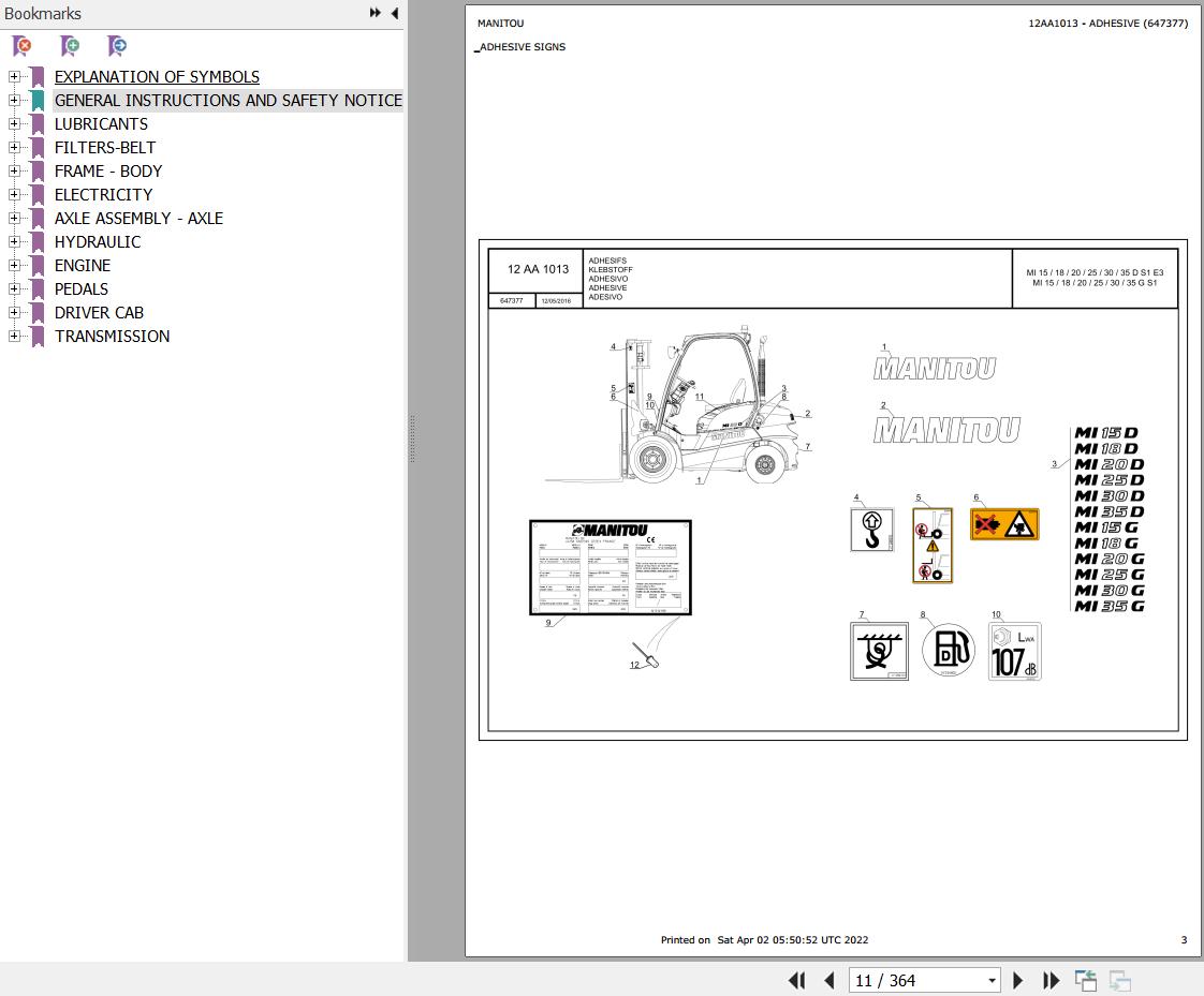 Manitou Telehandler MI 15 G Parts Catalog 647377