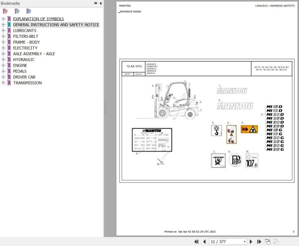 Manitou Telehandler MI 35 G Parts Catalog 647377