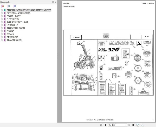 Manitou Telehandler ML 320 Parts Catalog 547022