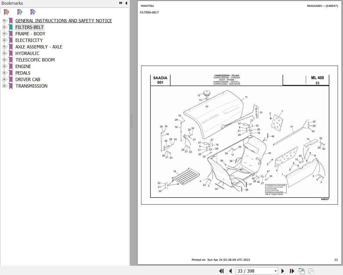 Manitou Telehandler ML 400 EVOLUTION E3 Parts Catalog 648547