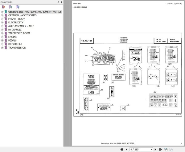 Manitou Telehandler ML 632 TURBO Parts Catalog 547520