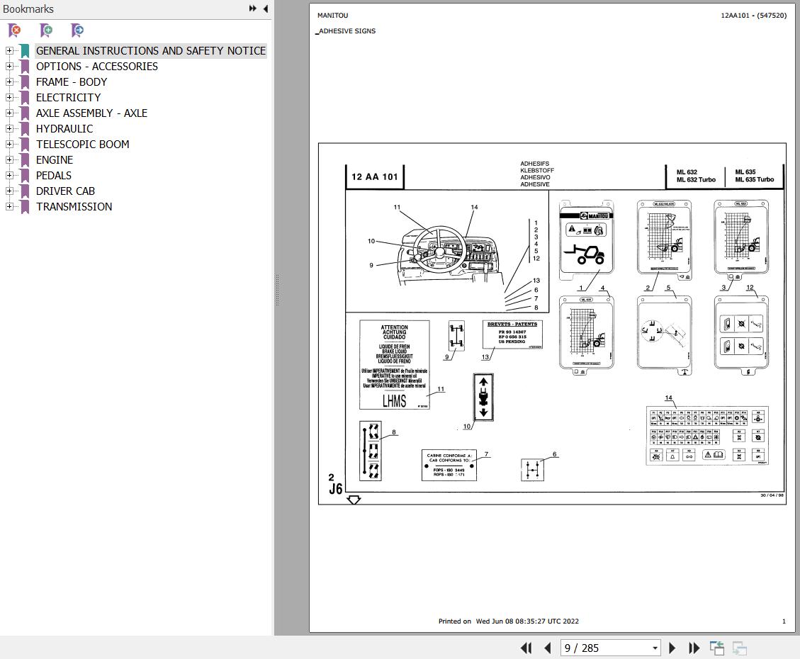 Manitou Telehandler ML 632 TURBO Parts Catalog 547520