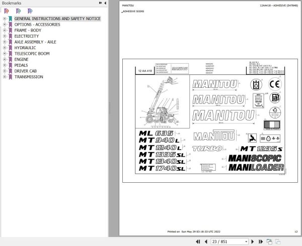 Manitou Telehandler ML 635 TURBO S3 E2 Parts Catalog 547848