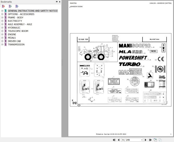 Manitou Telehandler MLA 628 TURBO POWERSHIFT Parts Catalog 547756