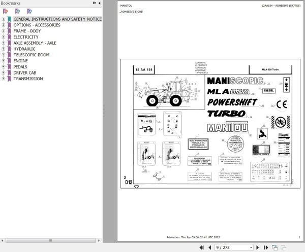 Manitou Telehandler MLA 628 TURBO Parts Catalog 547756