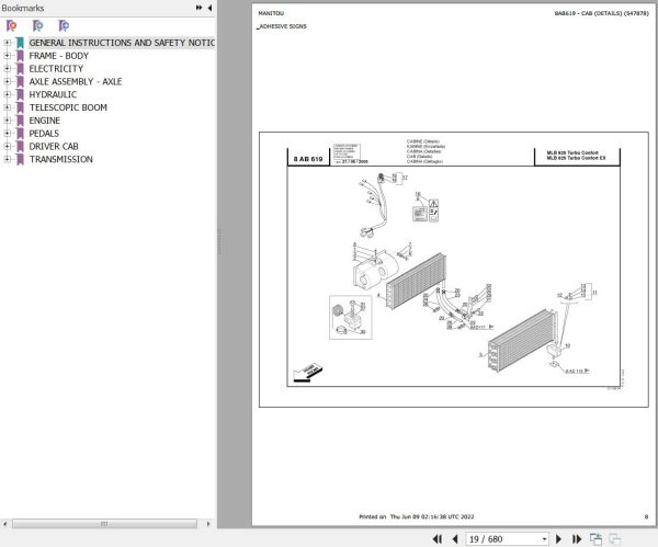 Manitou Telehandler MLB 625 TURBO CONFORT EX S1 E2 Parts Catalog 547878