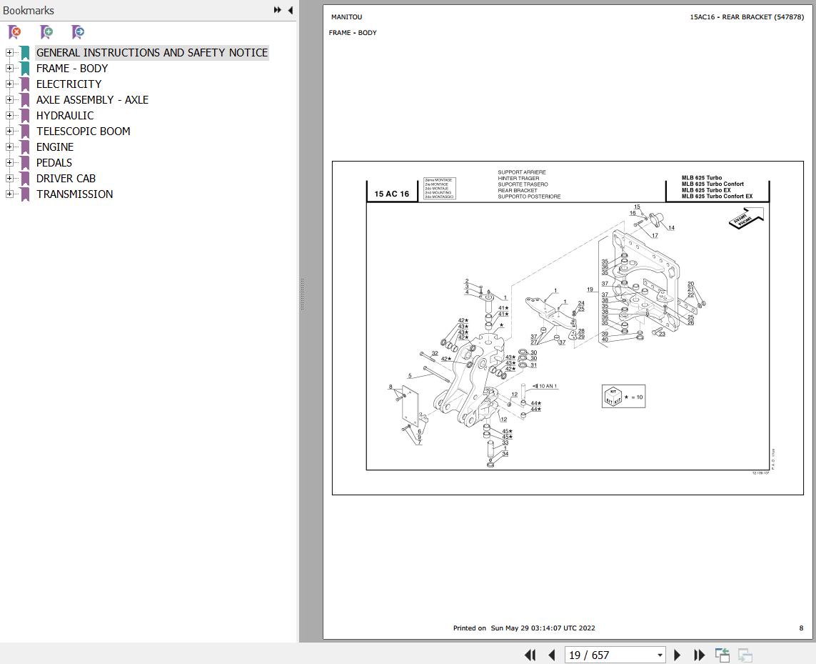 Manitou Telehandler MLB 625 TURBO S1 E2 Parts Catalog 547878