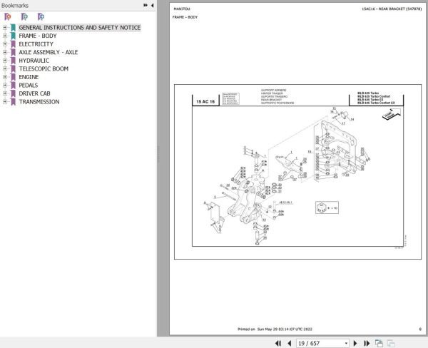 Manitou Telehandler MLB 625 TURBO S1 E2 Parts Catalog 547878