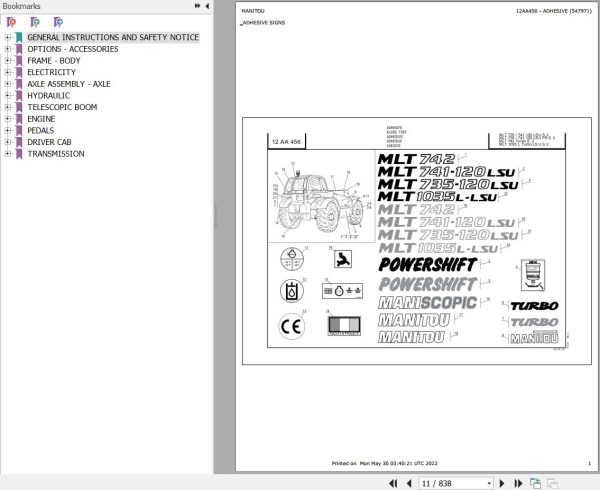 Manitou Telehandler MLT 1035 L TURBO LSU S3 E2 Parts Catalog 547971