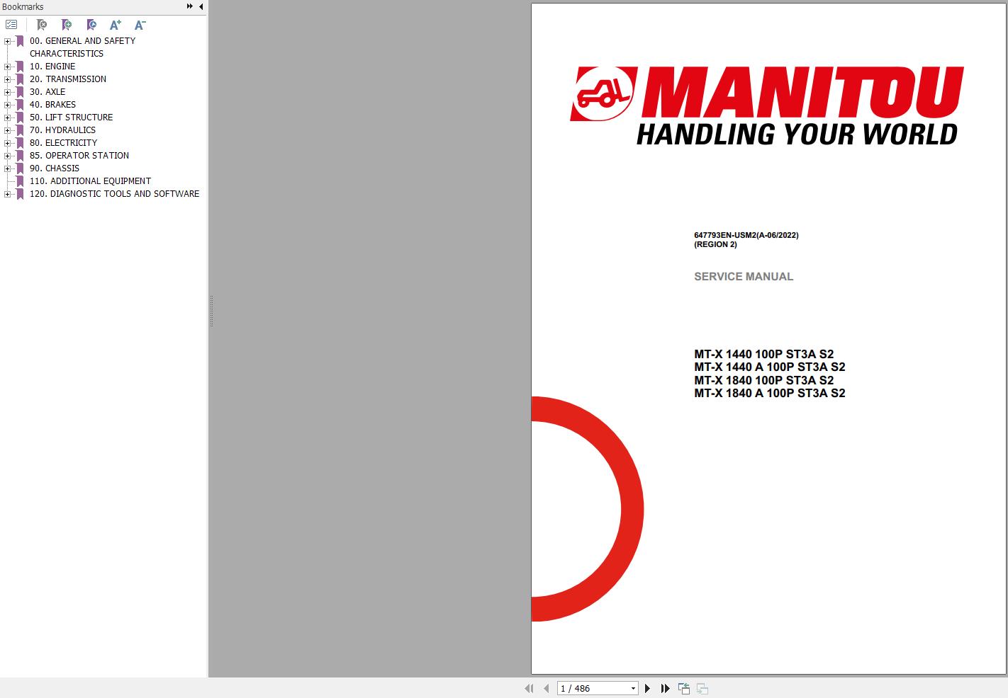 Manitou Telehandler MT X 1440 to MT X 1840 A Service Manual 647793EN USM2