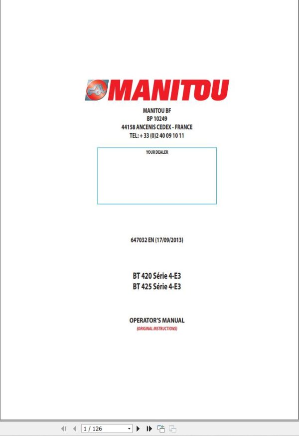 Manitou Telescopic Handlers BT420 BT425 Series 4 E3 Operator Manual 647032 EN