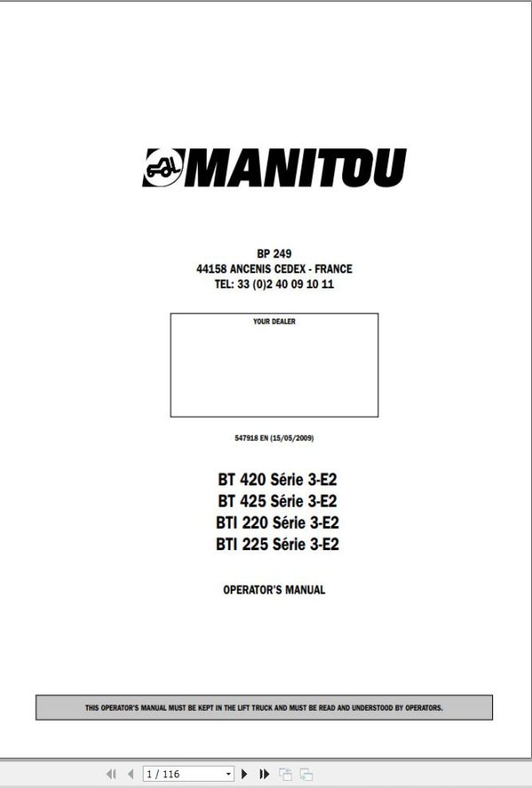 Manitou Telescopic Handlers BT420 to BTI225 Series 3 E2 Operator Manual 547918 EN