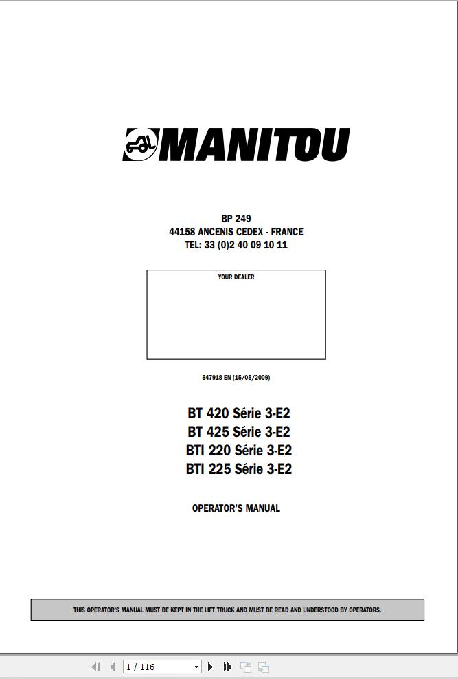 Manitou Telescopic Handlers BT420 to BTI225 Series 3 E2 Operator Manual 547918 EN