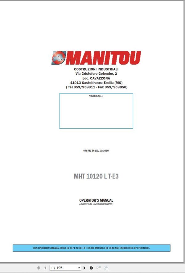 Manitou Telescopic Handlers MHT10120 L T E3 Operators Manual 648581 EN