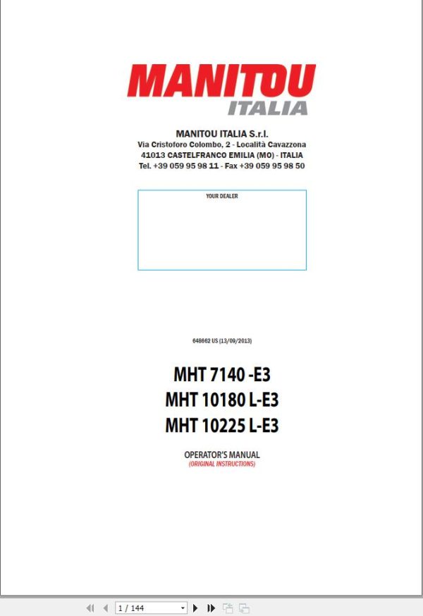Manitou Telescopic Handlers MHT7140 E3 to MHT10225L E3 Operator Manual 648662