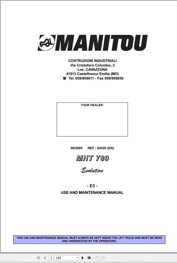 Manitou Telescopic Handlers MHT780 Evolution User Maintenance Manual 648520 EN
