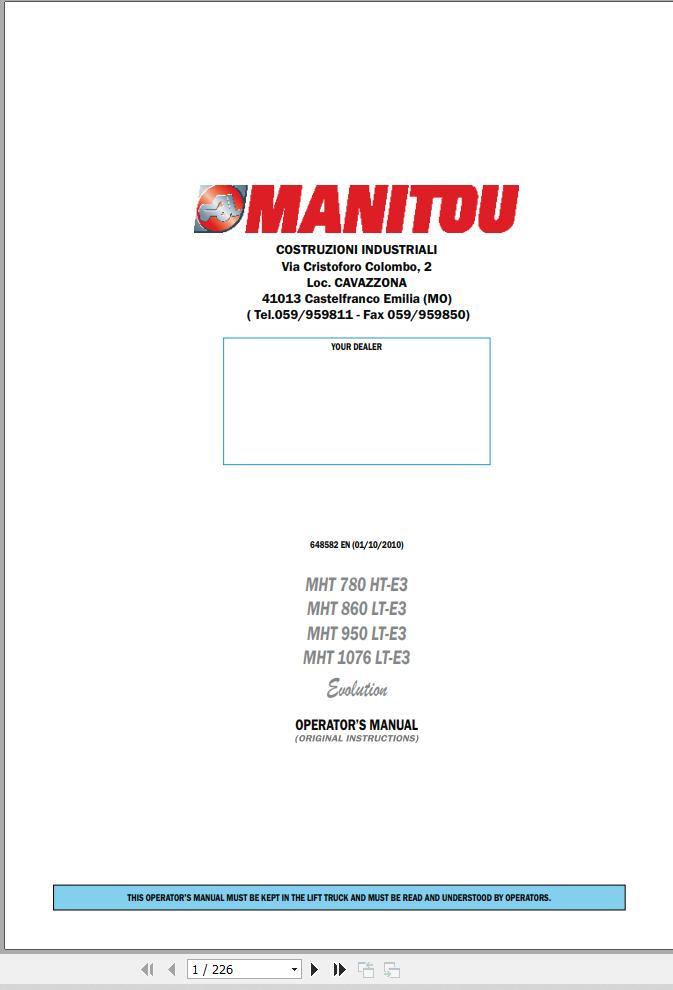 Manitou Telescopic Handlers MHT780HT E3 to MHT1076HT E3 Operator Manual 648582 EN