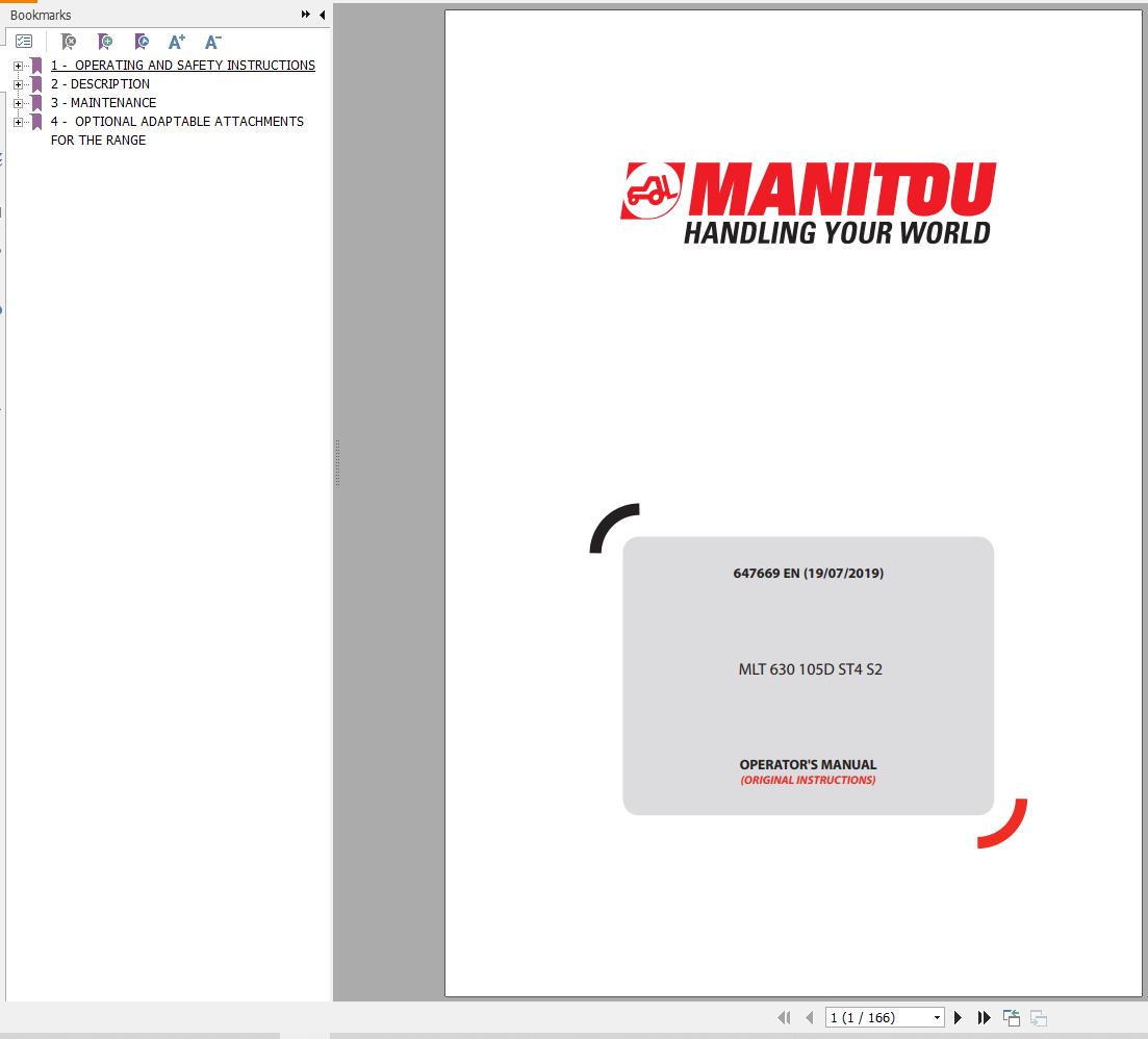 Manitou Telescopic Handlers MLT 630 105D ST4 S2 Operator Manual 647669