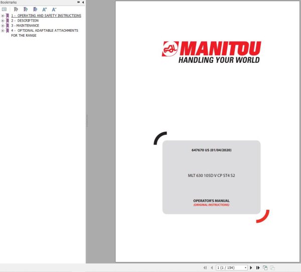 Manitou Telescopic Handlers MLT 630 105D V CP ST4 S2 Operator Manual 647670