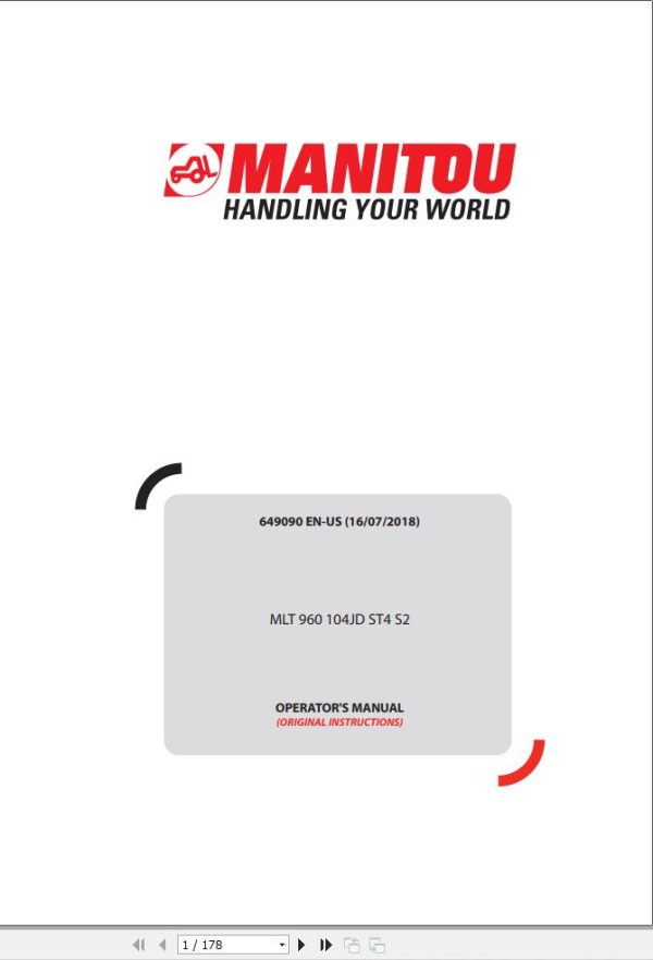 Manitou Telescopic Handlers MLT 960 104JD ST4 S2 Operator Manual 649090