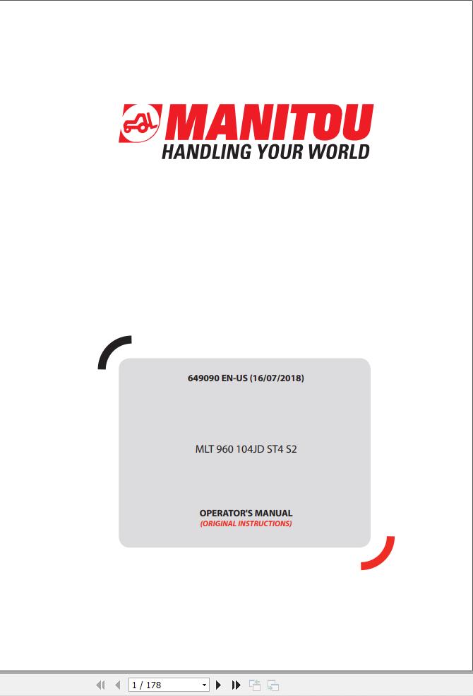 Manitou Telescopic Handlers MLT 960 104JD ST4 S2 Operator Manual 649090