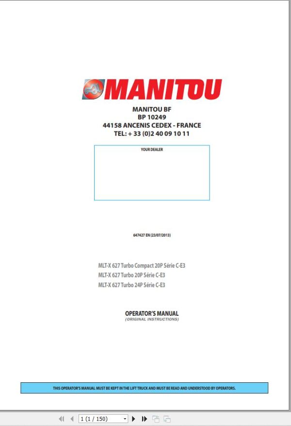 Manitou Telescopic Handlers MLT X627 Turbo Series Operator Manual 647427
