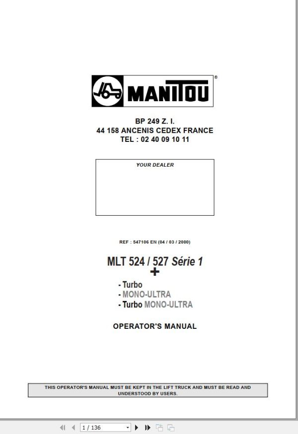 Manitou Telescopic Handlers MLT524 MLT527 Series Operator Manual 547106