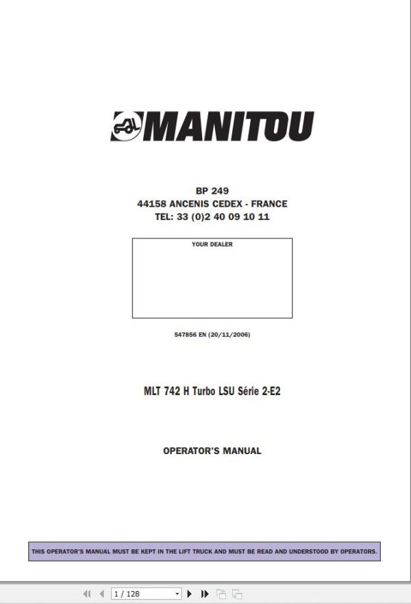 Manitou Telescopic Handlers MLT742H Turbo LSU Series 2 E2 Operator Manual 547856
